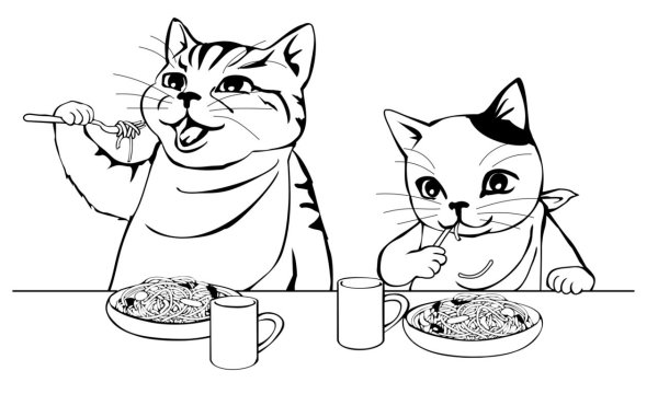 Раскраска кошка с едой