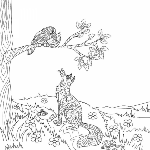 Кот петух и лиса раскраска