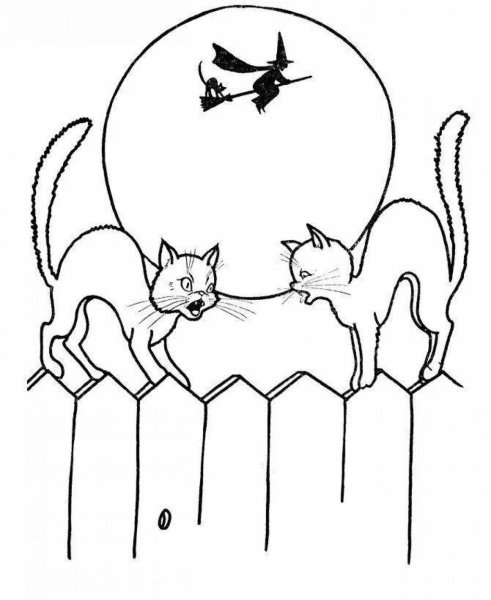 Кошка на Хэллоуин раскраска