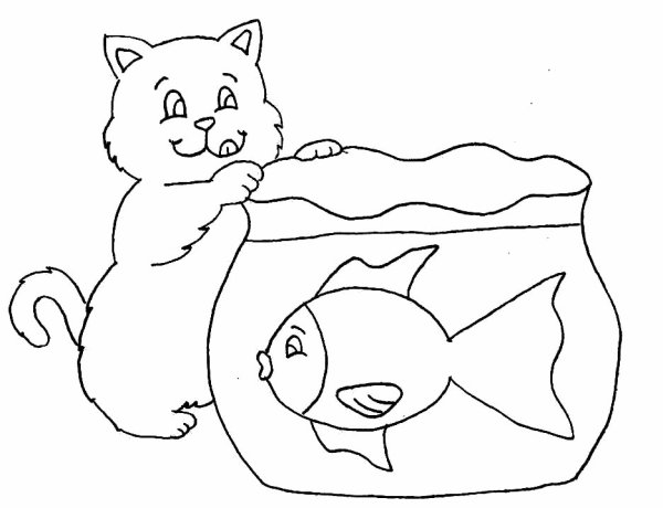 Раскраска кот и аквариум