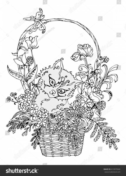 Раскраска кошечка в корзинке