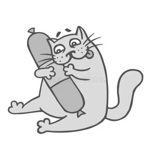 Кот обнимает колбасу