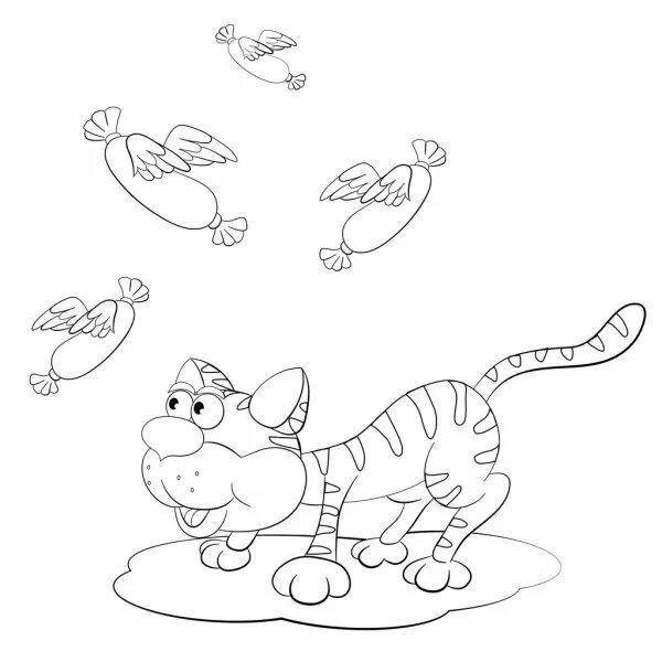 Раскраска котик с сосиской