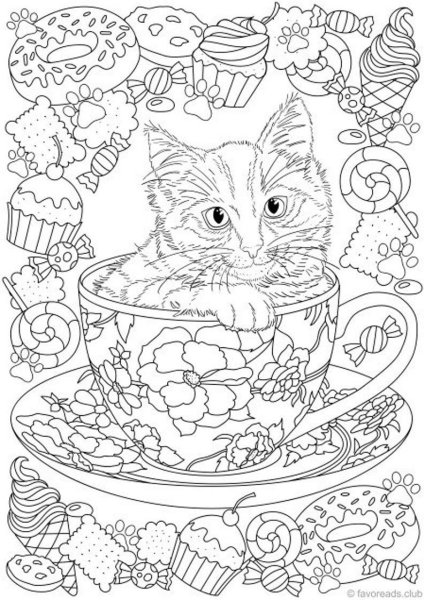 Раскраска котик в кружке