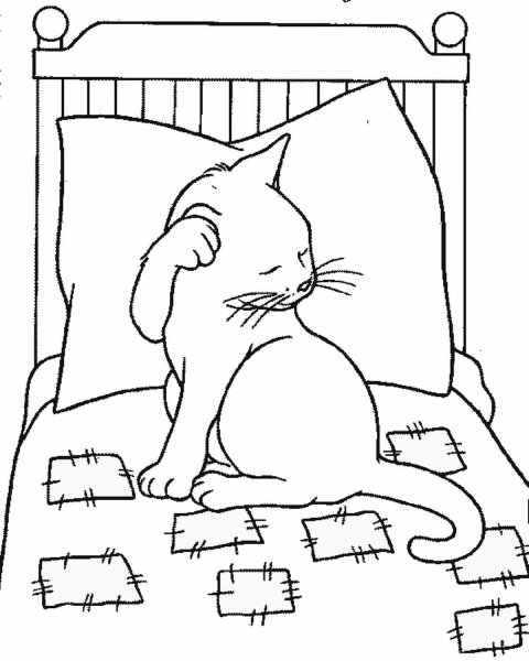 Котик в кроватке раскраска