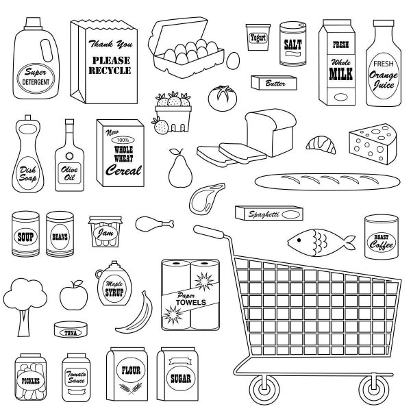 Продукты в магазине раскраска для детей