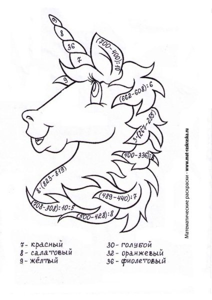 Математическая раскраска для девочек Единороги