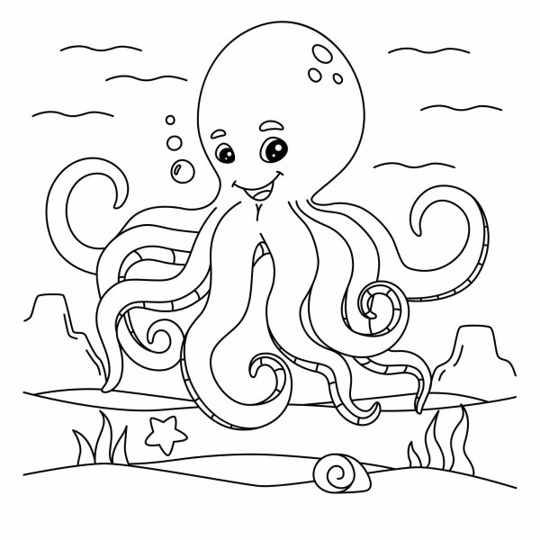 Раскраска подводный мир для детей с осьминогом