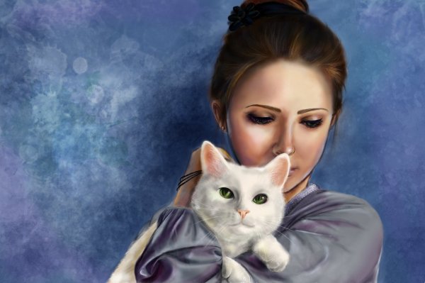 Девушка и белая кошка