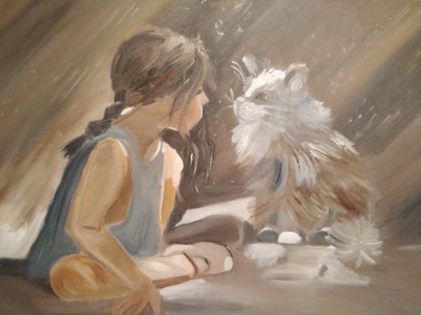 Девушка и кошка живопись