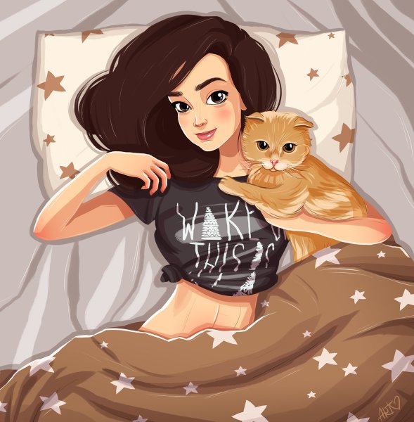 Девушка с котом арт