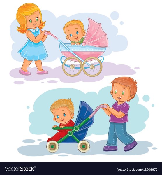 Девочка катает коляску с куклой