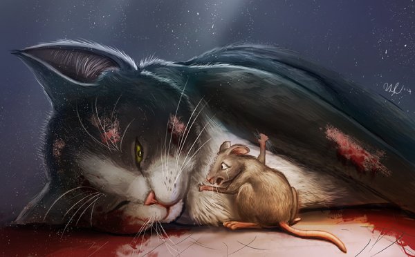 Кот обнимает мышь