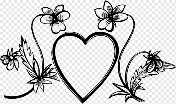 Сердце с цветочками чёрно белое
